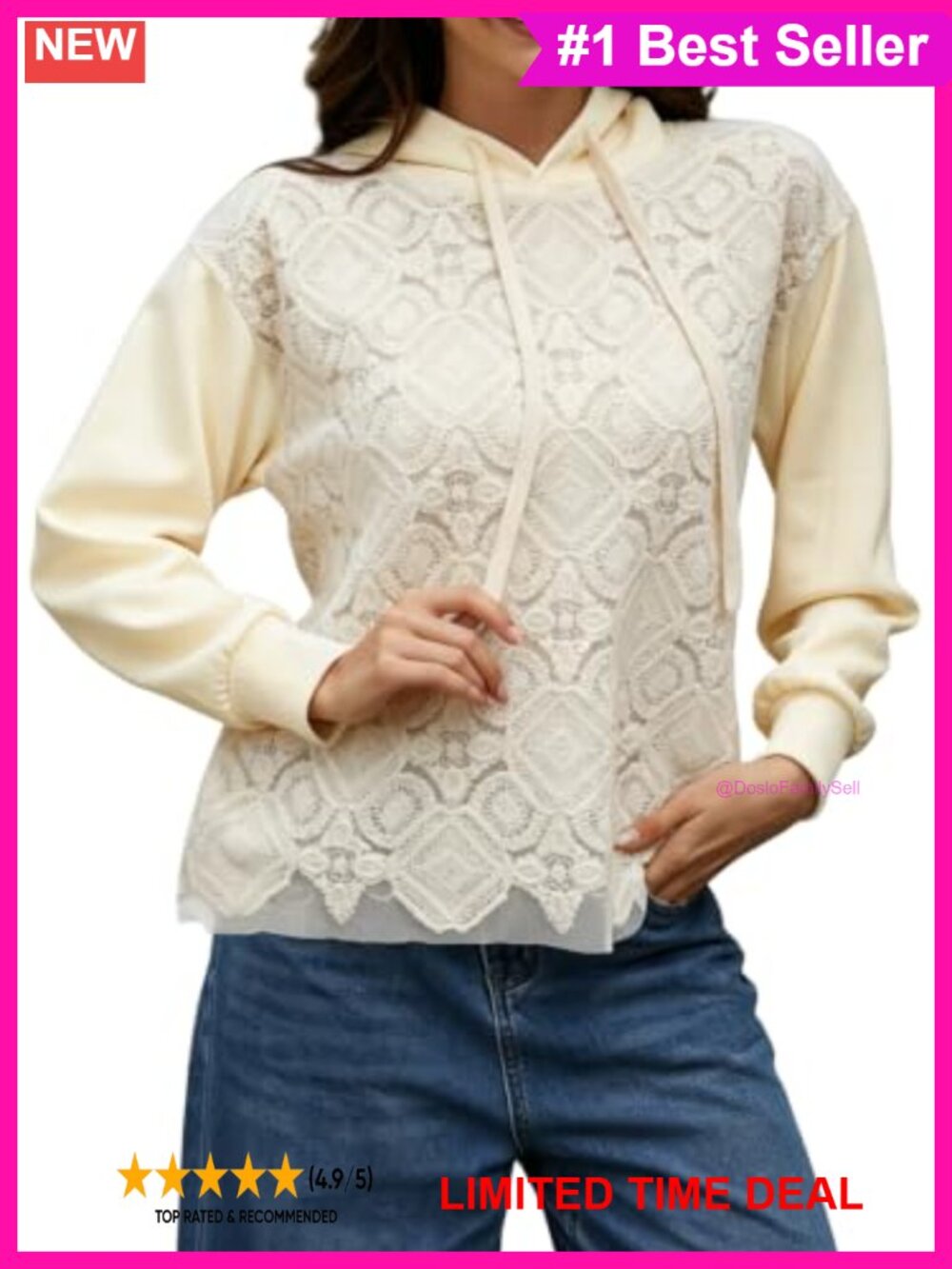 Lace Embroidered Hoodie Pullover Sweatshirt Drawstring Long Sleeve Y2K